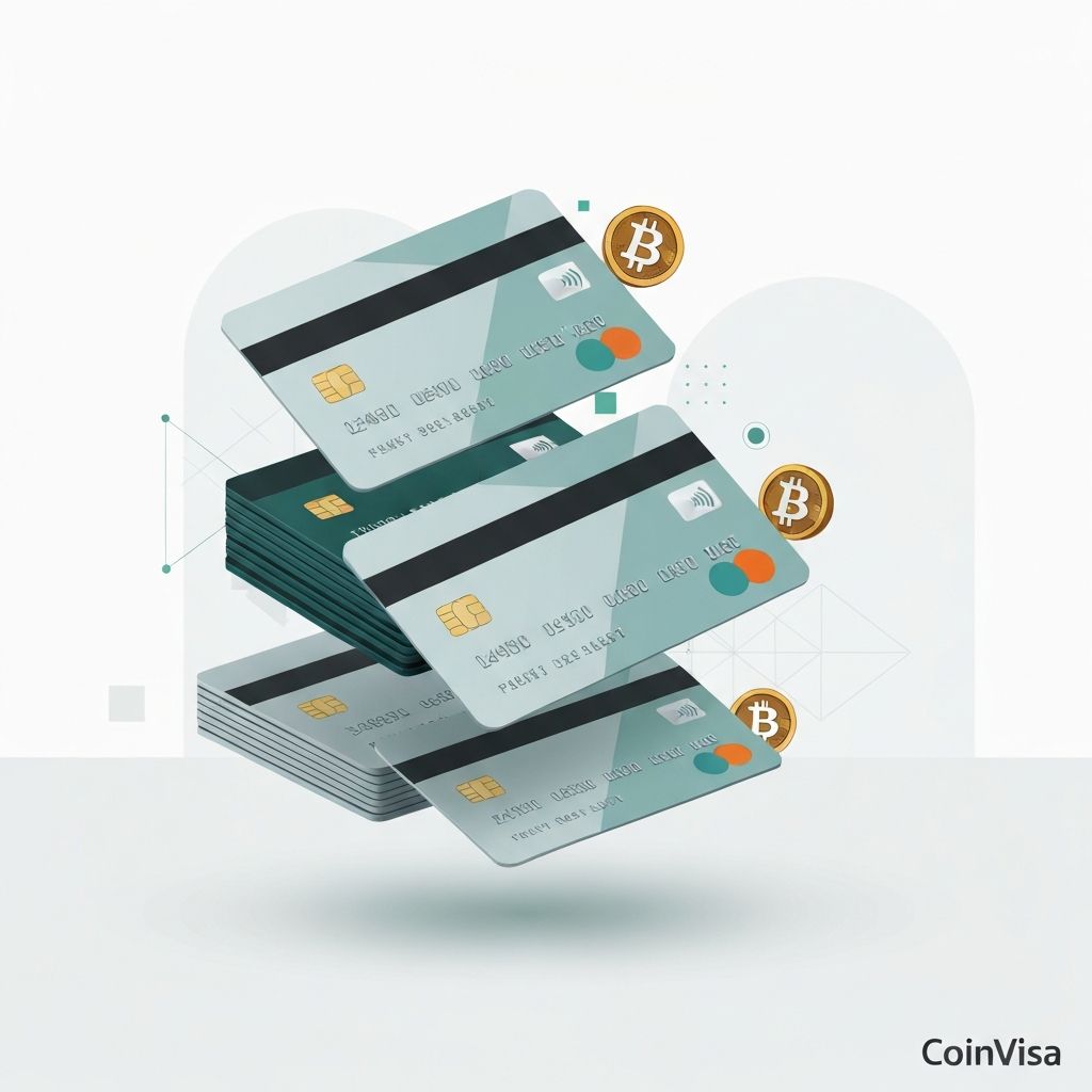Multiple crypto credit cards stacked showing Bitcoin symbols and modern fintech design